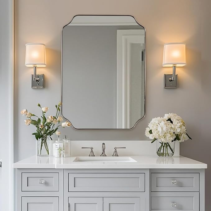 ANDY STAR Scalloped Bathroom Mirror, 24x32’’ Brushed Nickel Rectangle Mirror