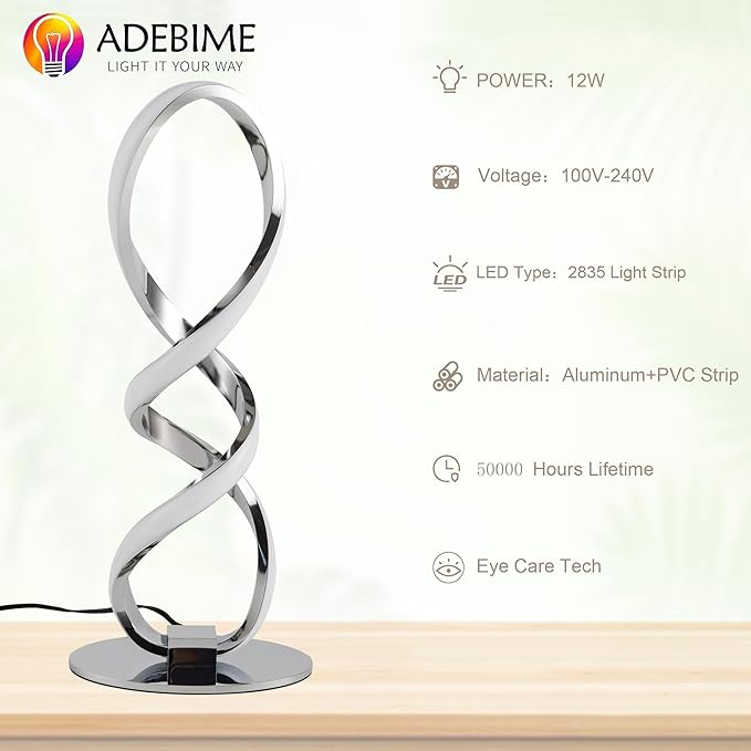 LED Spiral Bedside Table Lamp, Stepless Dimmable 12W 3000K Warm White, Modern