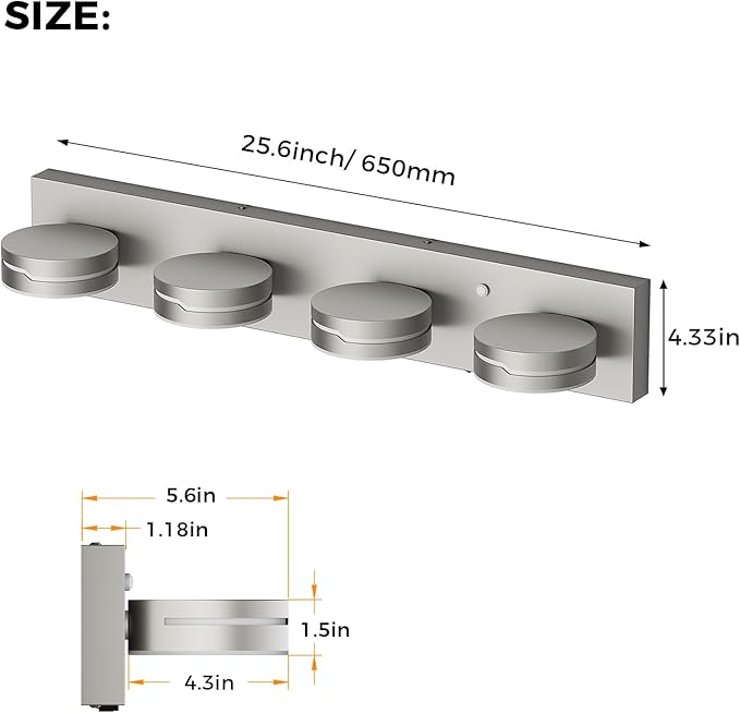 26" Motion Sensor Vanity Light Brushed Nickel, 3CCT 4-Light Modern LED B...