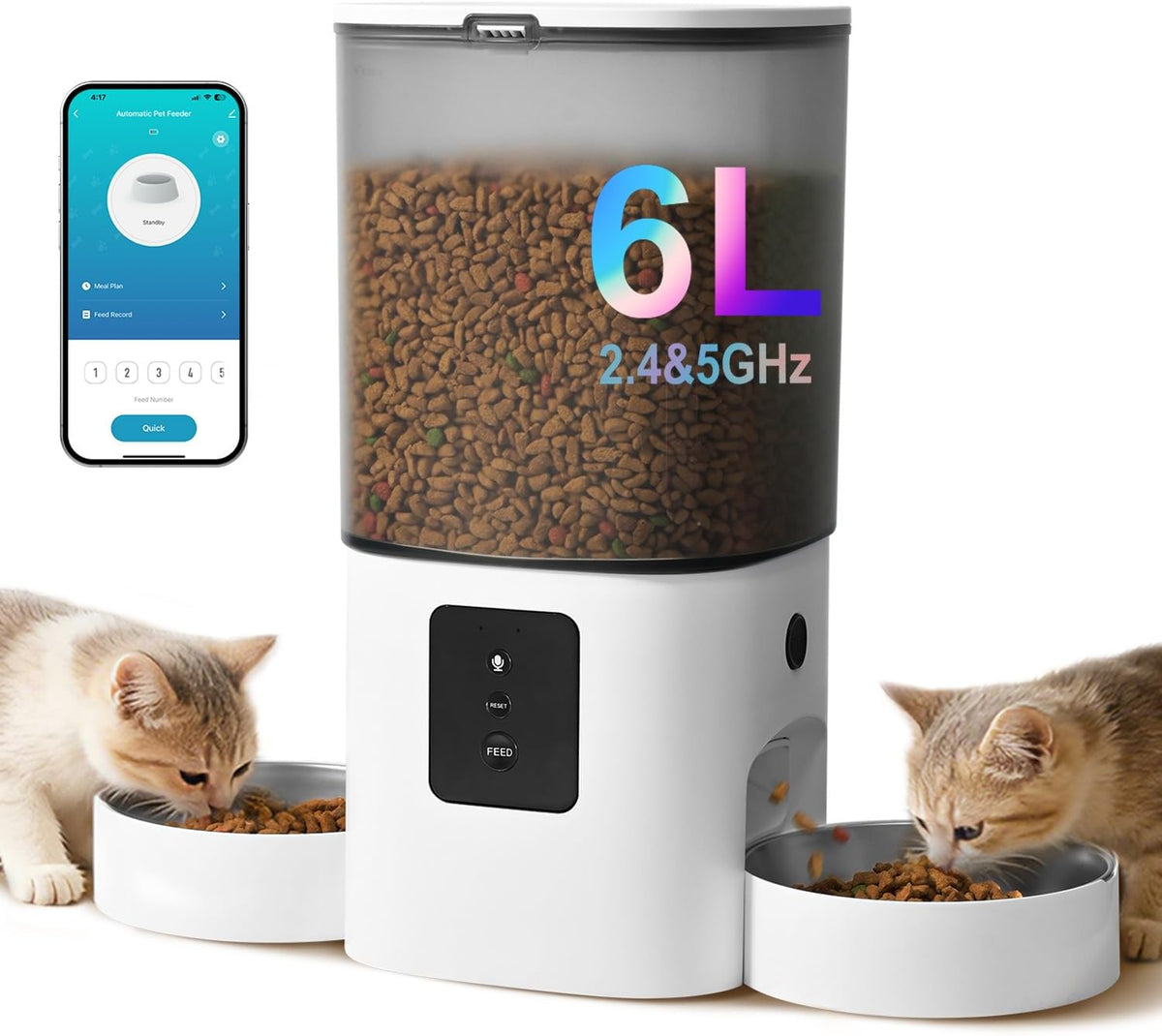 6L Automatic Cat Feeder, 2 Pets Timed Cat Dry Food Dispenser