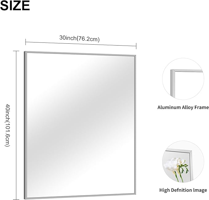 30x40In Silver Bathroom Mirror for Wall, Brushed Nickel Rectangle Mirrors