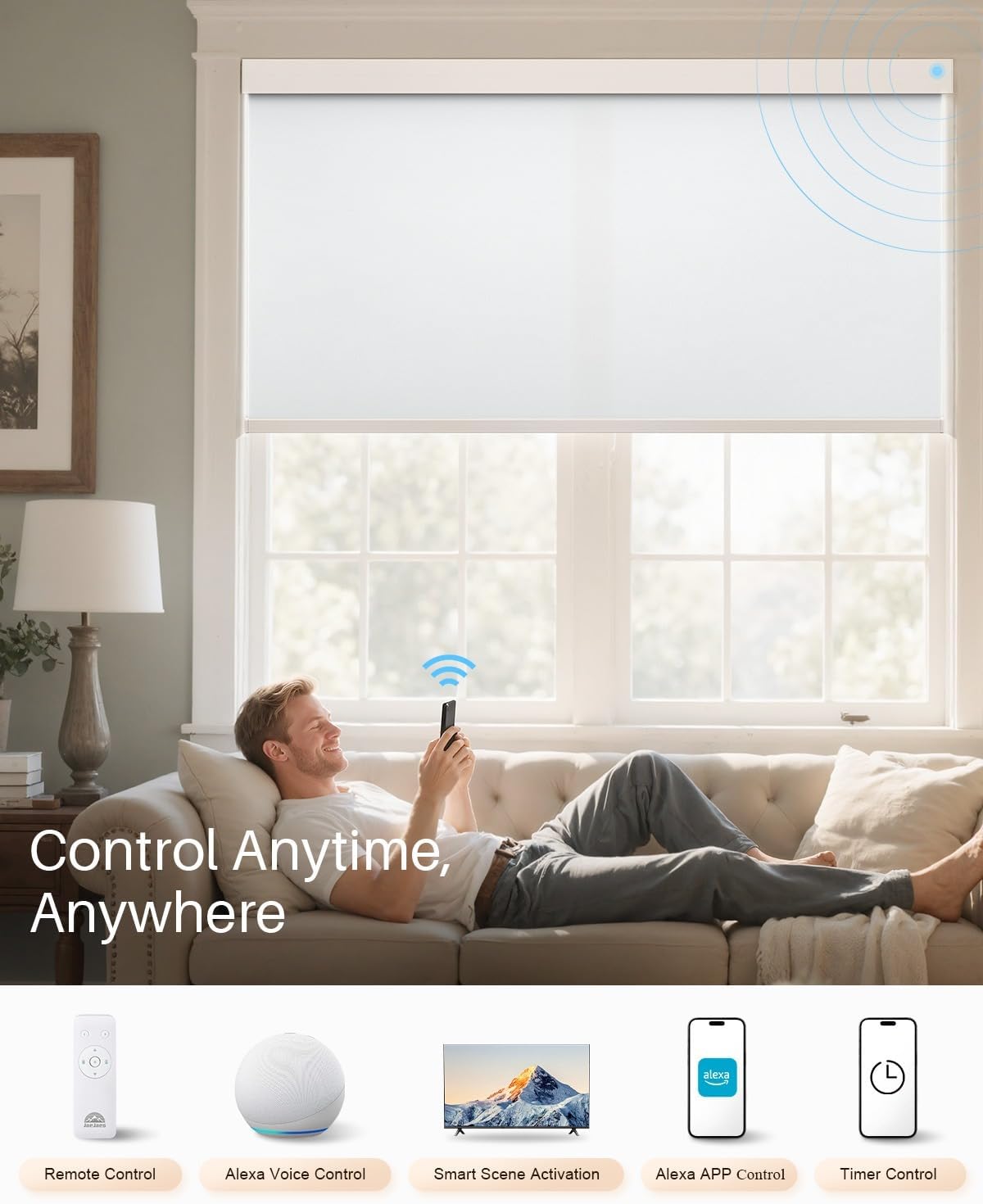 Smart Roller Shades for Windows, Works with Alexa, 23"W x 72"H, White