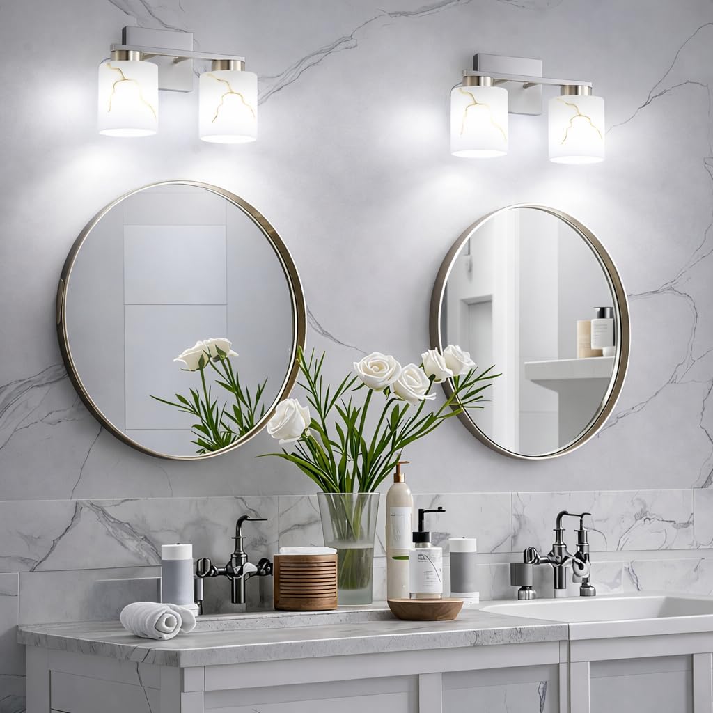 2-Light Brushed Nickel Bathroom Vanity Light, Frosted Marble-Look Glass