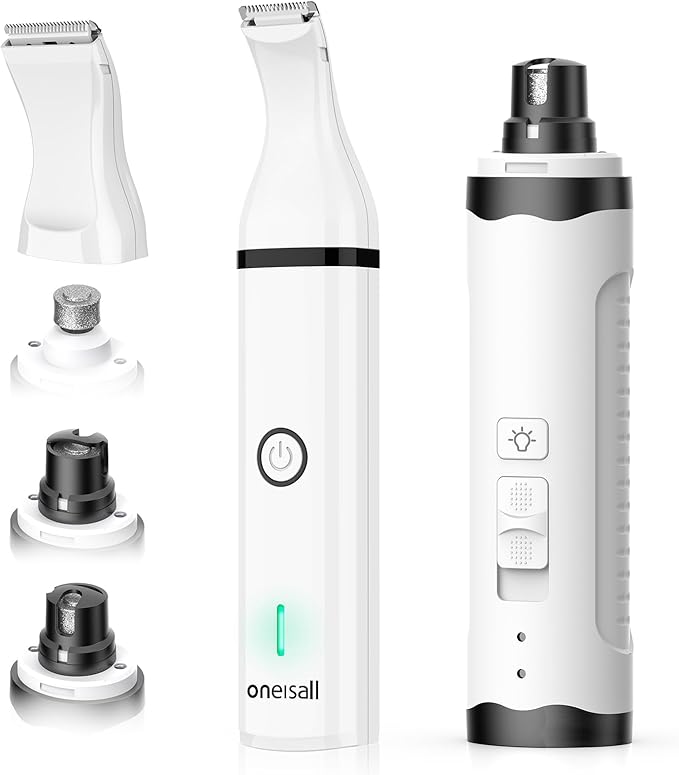 oneisall Dog Nail Grinder and Paw Trimmer Kit 3 in 1 Quiet Rechargeable