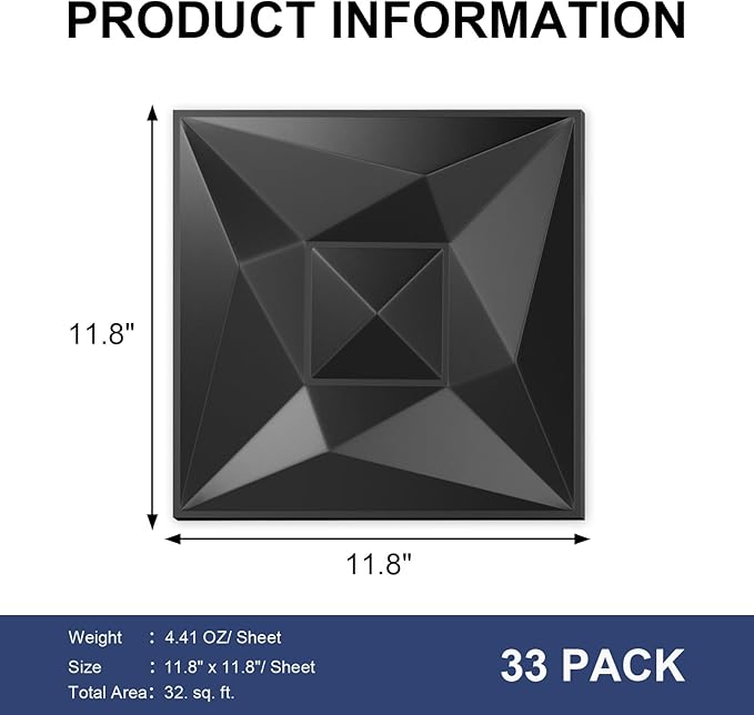 Greymond Black PVC 3D Wall Panels, 33 Pack 11.8''x11.8''Geome...