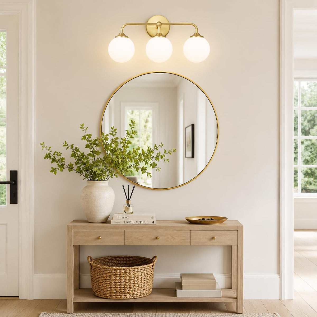 Modern Brushed Gold 3-Lights Vanity Light Fixtures with Milky White Glass Bal...