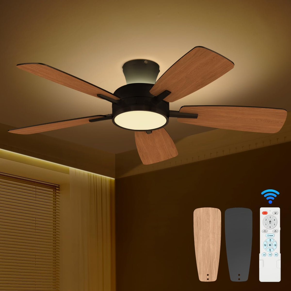 TALOYA 46 inch Ceiling Fans with Lights and Remote, Night Light, Black