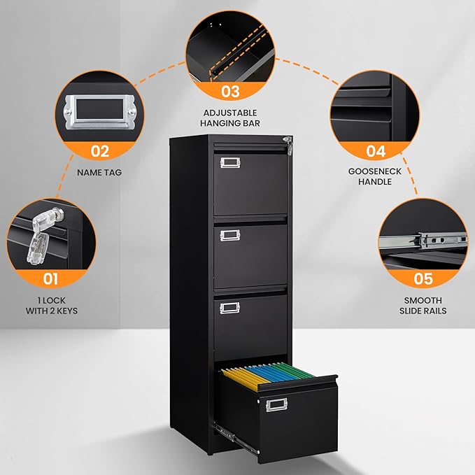 4 Drawer File Cabinet with Lock, Metal File Cabinets