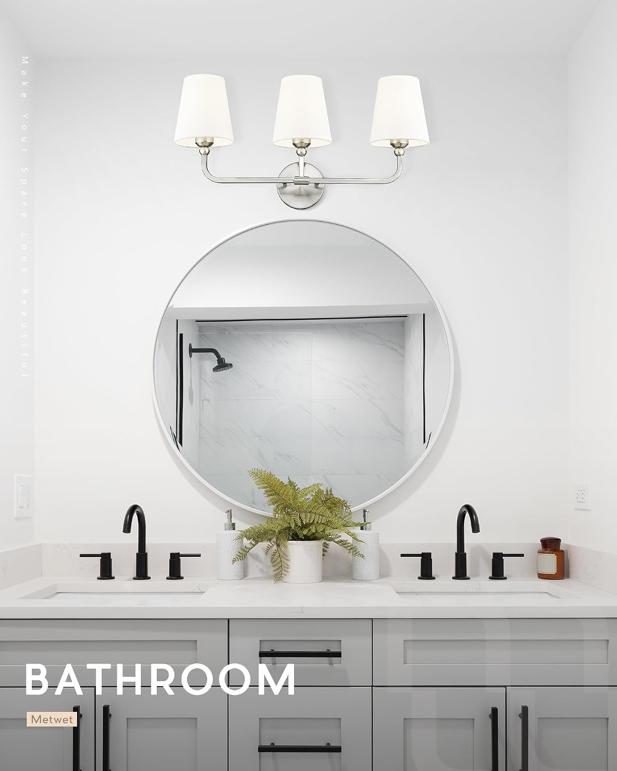Bathroom Light Fixtures, Brushed Nickel Vanity Lights with Flared White Fabri...
