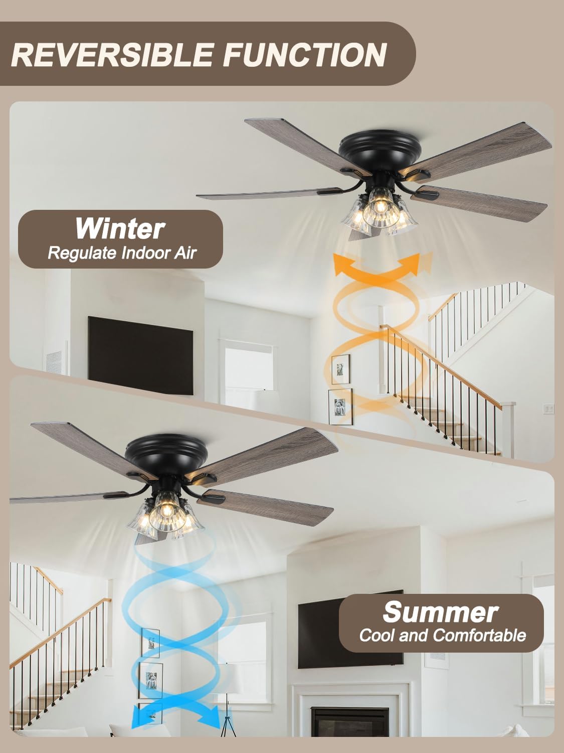 52 Inch Flush Mount Farmhouse Ceiling Fans with Lights and Remote Control