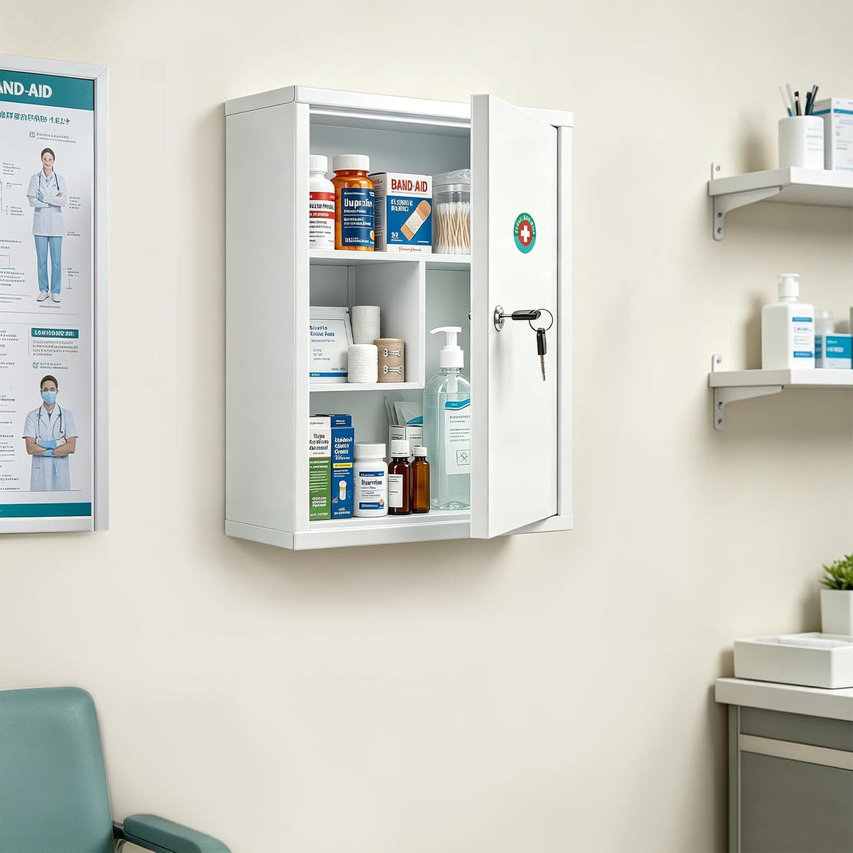 KYODOLED Locking Medicine Cabinet with Keys, Wall Mount, 15.75 Inch, White