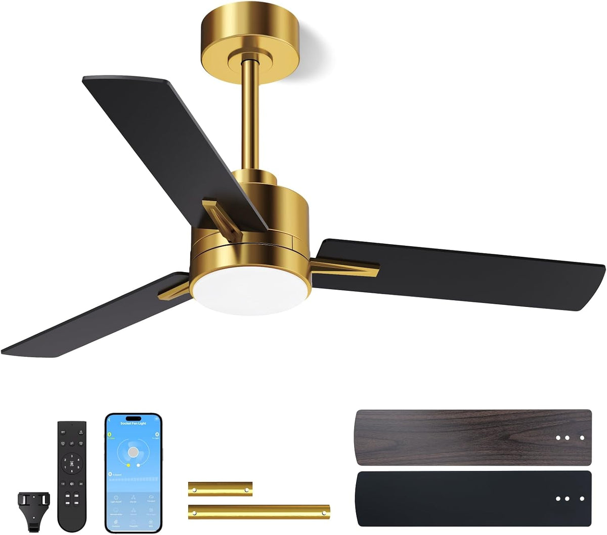 LANMEL Metal Ceiling Fan with Lights and Remote, 42 Inch, Gold & Black