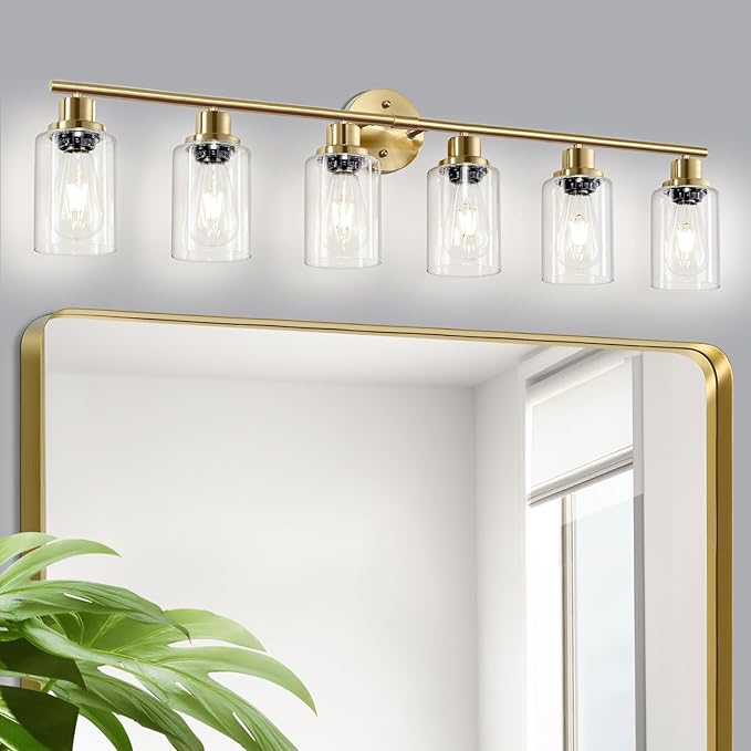 Guliaofo 6-Light E26 Gold Bathroom Vanity Lights, Modern Bathroom Light Fixtures