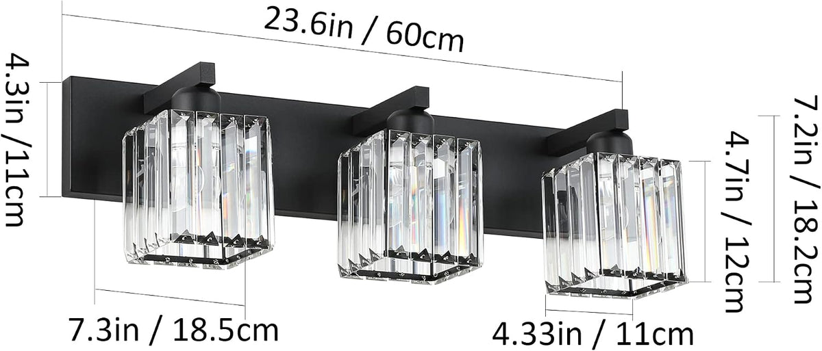 Aipsun Black Vanity Light Bathroom Lighting Fixtures 3 Light Crystal Modern B...