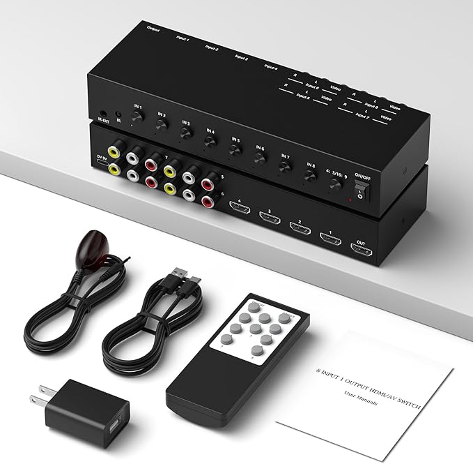8 in to 1 Out RCA/HDMI Switcher，4 Way HDMI 2.0 + 4 RCA to HDMI