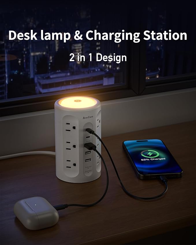 AnnTane Power Strip Tower with Night Light, 15W Surge Protector Power Strip