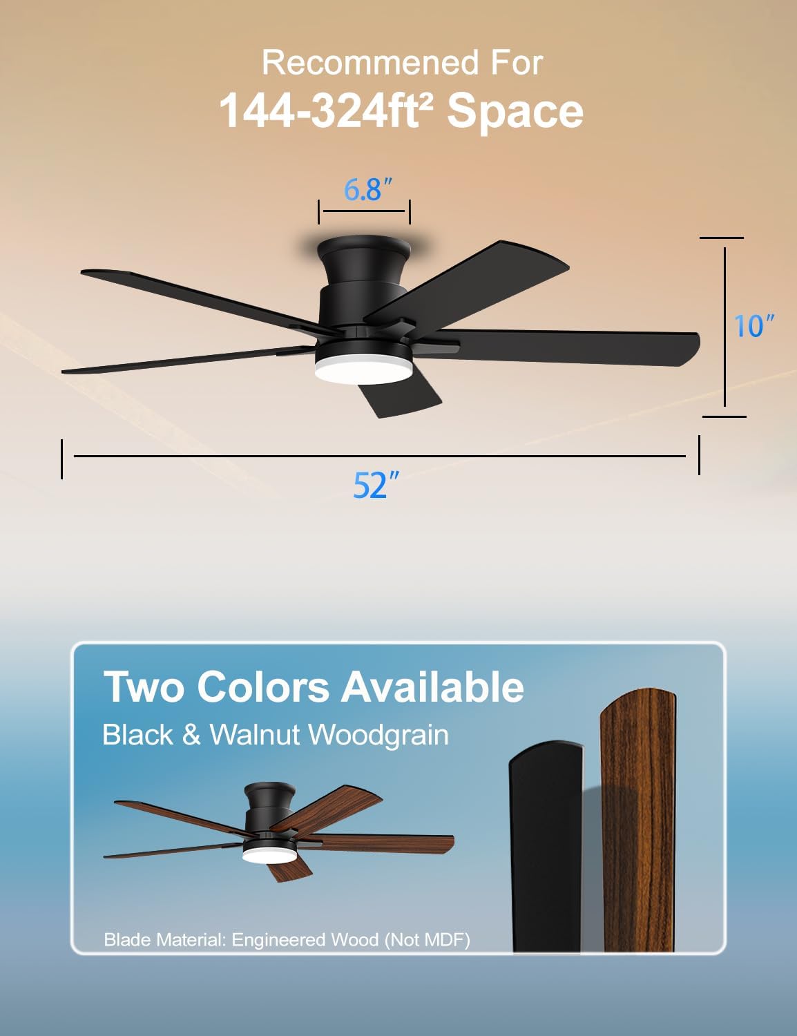 Ceiling Fans with Lights 52 Inch, Flush Mount, Remote Control, 3CCT Dimmable,...