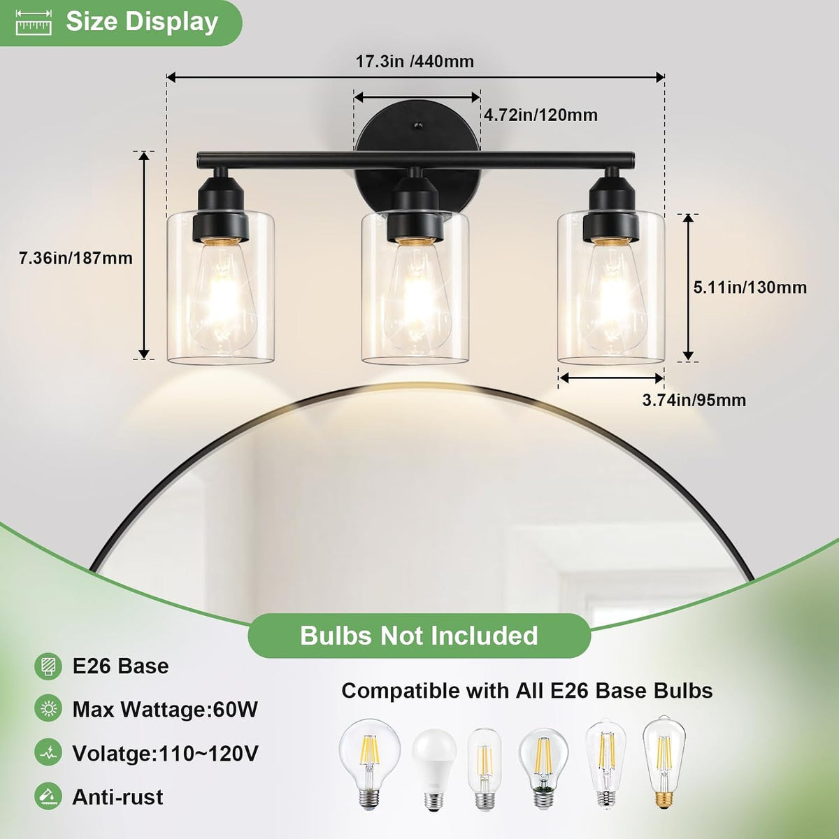 3-Light Black Modern Bathroom Vanity Light Fixtures, 17.3"