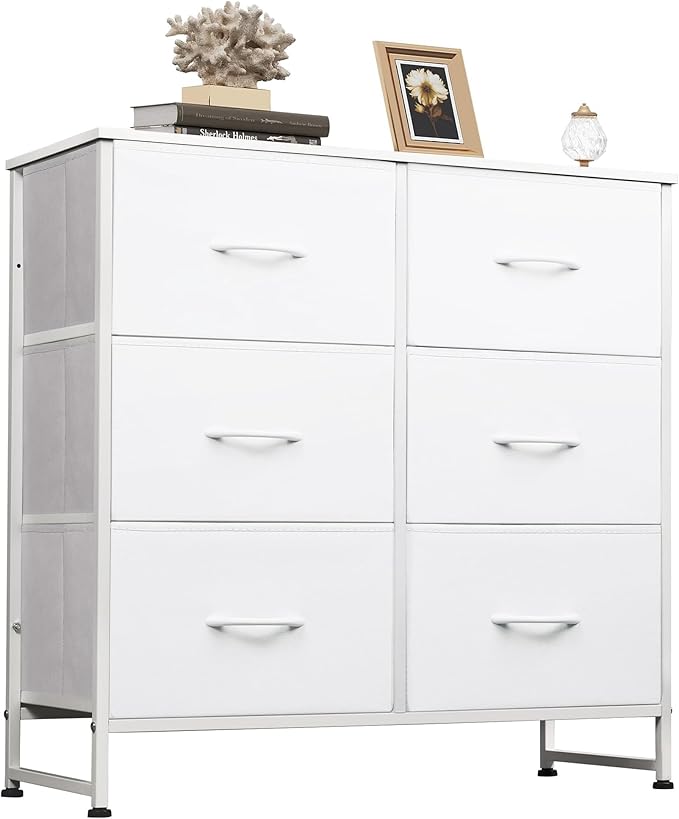 WLIVE White Dresser for Bedroom, 6 Drawer Double Dresser, Fabric Storage Tower