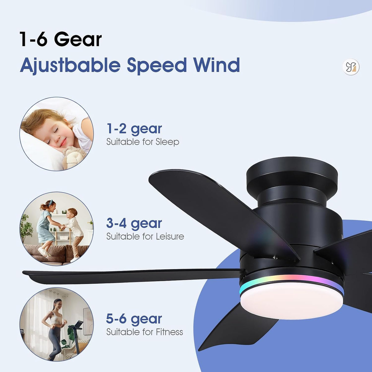 Wiviniya 41 In Flush Mount Ceiling Fans with RGB Lights Remote/APP, Black