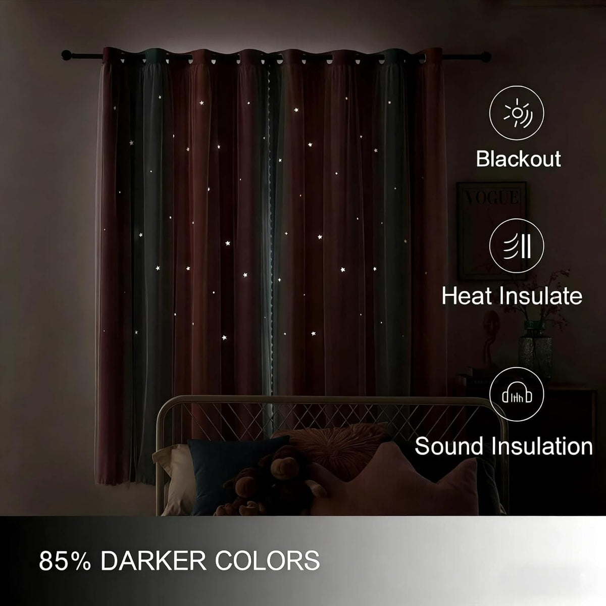 Star Cutout Blackout Curtains, Pink Purple Blue, W52 x L63 Inch | 2 Panels, O...