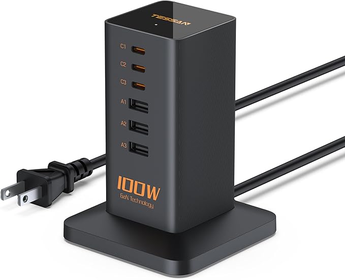 USB C Charger Blcok PD 100W, TESSAN 6-in-1 Charging Station