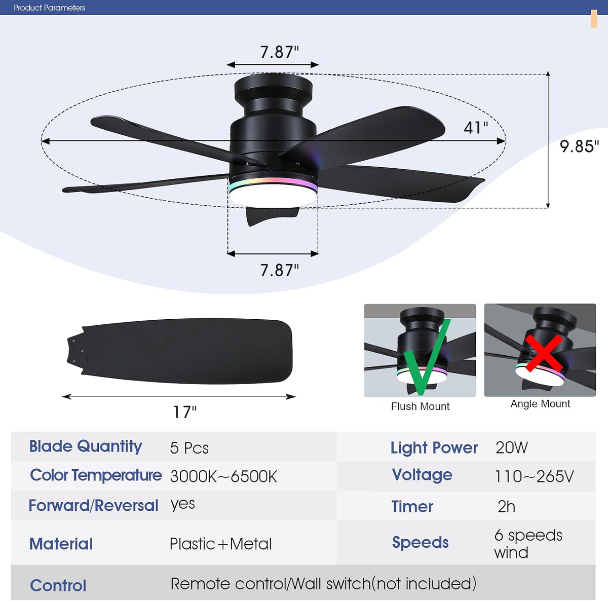 Wiviniya 41 In Flush Mount Ceiling Fans with RGB Lights Remote/APP, Black