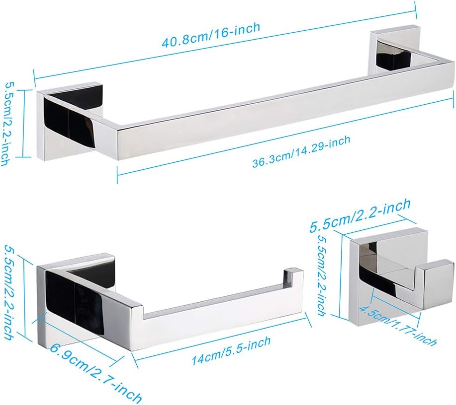 TASTOS 3-Piece Chrome Bathroom Hardware Accessory Set, Premium Stainless Stee...