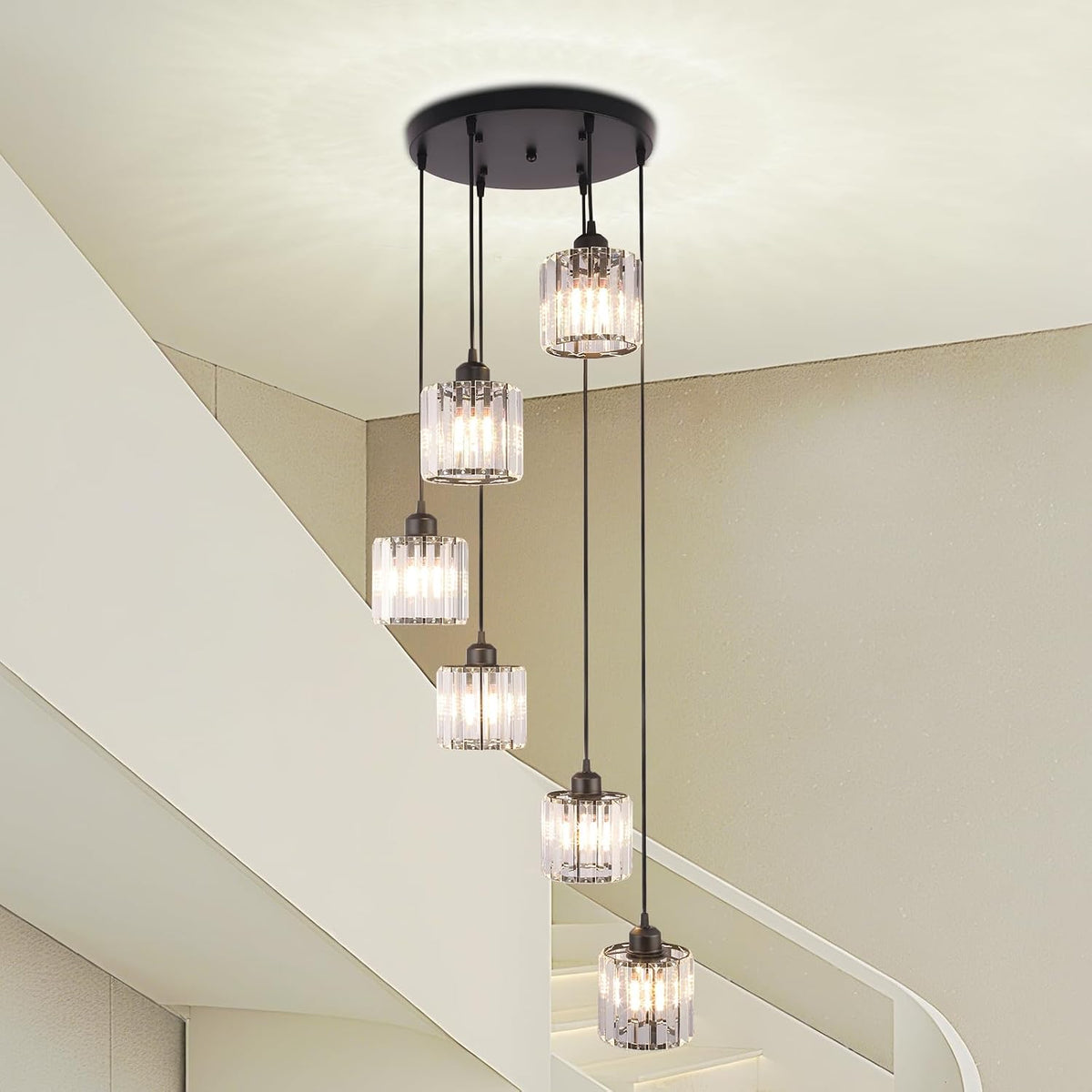 6-Light Crystal Raindrop Chandelier, Black, for High Ceilings
