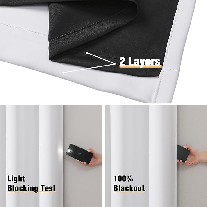 ChrisDowa White 100% Blackout Curtains 80 inch Long