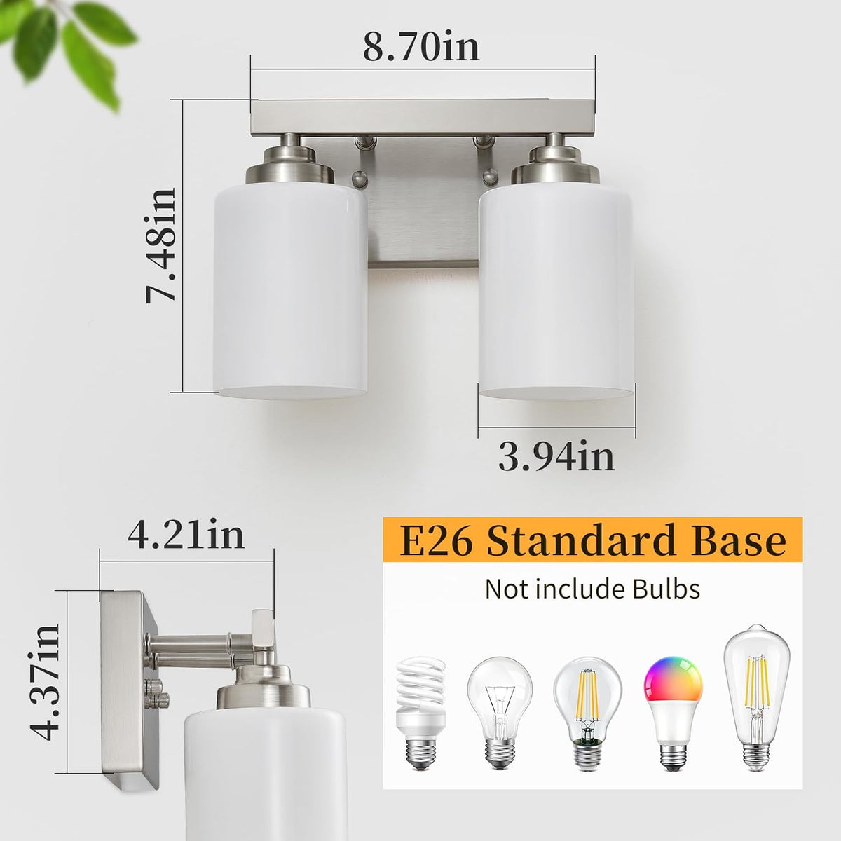 Bathroom Light Fixtures, Vanity Light Over Mirror Nickel 2-Light Fixture