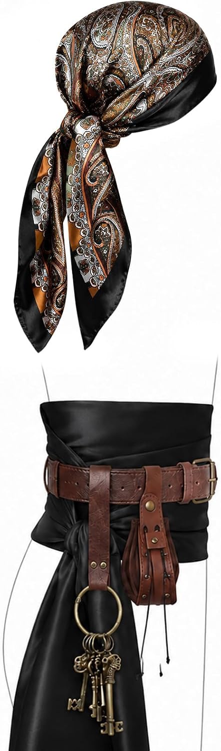 Renaissance Pirate Belt with Pouch Waist Bag, Pirate Head Scarf 7-Pack