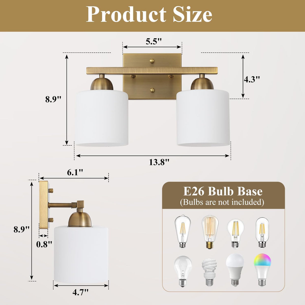 Milk Glass Vanity Lights for Bathroom, 2 Light Antique Matte Brass Bathroom V...