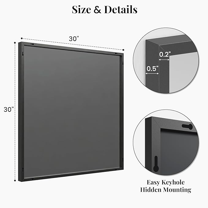 30''x30'' Square Black Bathroom Mirror, Matte Metal Framed Wa...