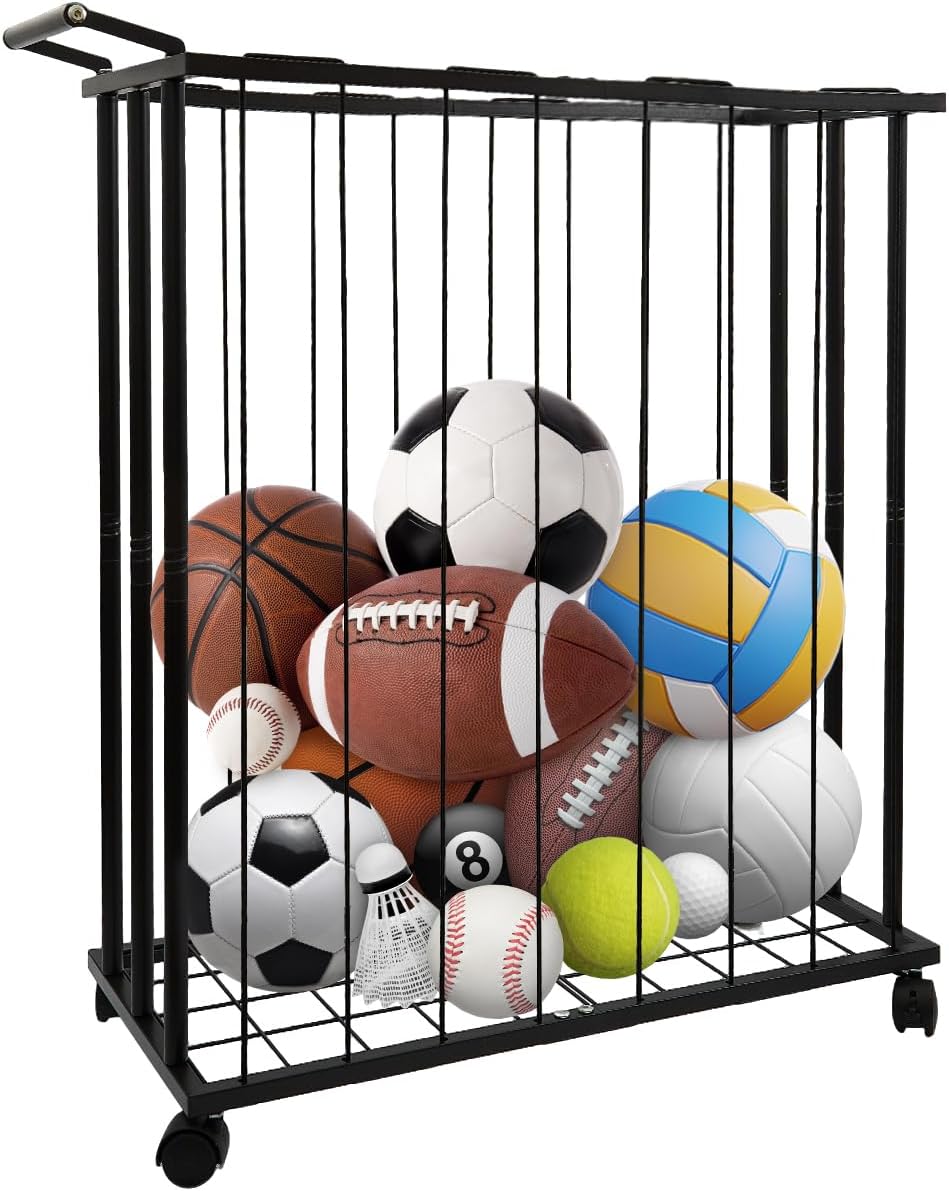 Large Garage Ball Storage Rack with Wheels for Basketball & Soccer