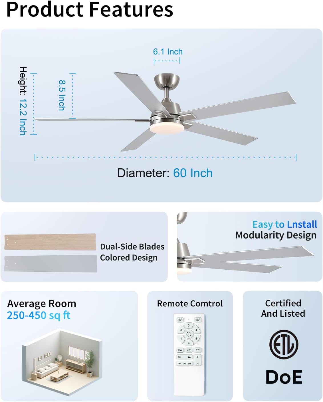 60Inch Brushed Nickel Ceiling Fans with Lights and Remote,Downrod