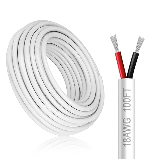 18 Gauge 2 Conductor Electrical Wire, 100FT White Stranded Low Voltage 18/2 PVC