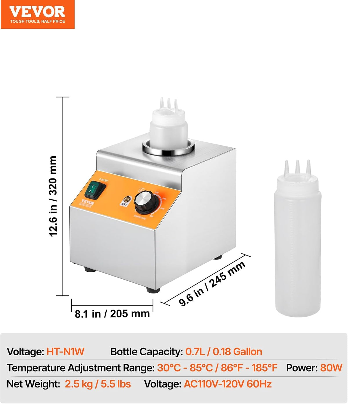 VEVOR Electric Bottle Warmer with Bottle, 0.8L Commercial Cheese Dispenser, H...