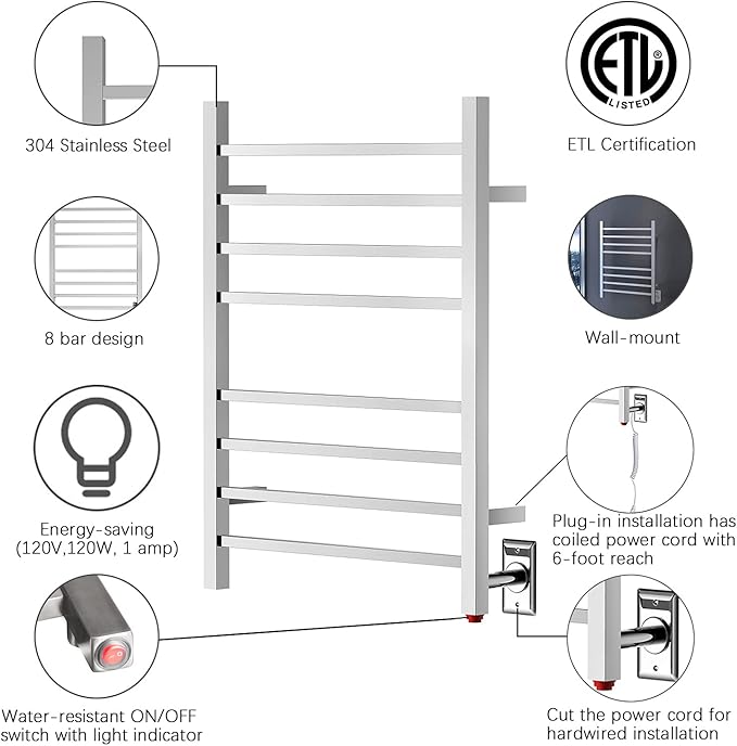 HEATGENE Towel Warmer, Heated Towel Warmer Rack, Wall-Mounted Hardwired/Plug-in
