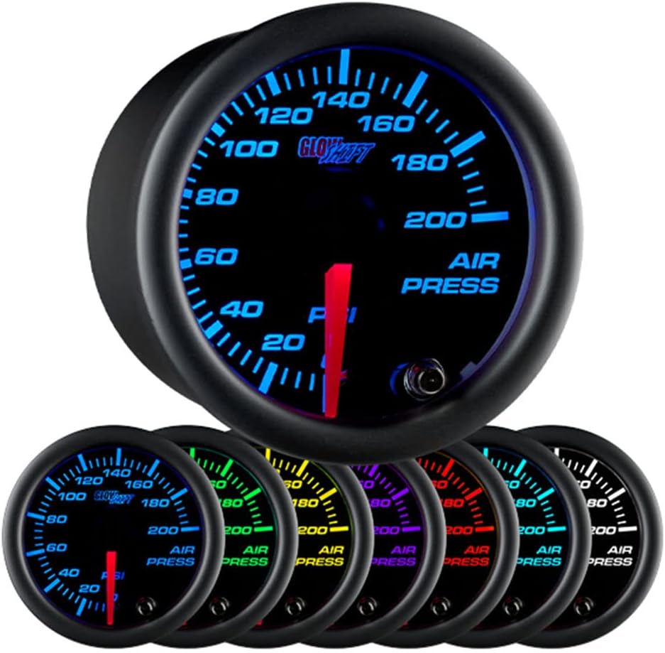 GlowShift Black 7 Color 200 PSI Air Pressure Gauge Kit, 2-1/16" 52mm