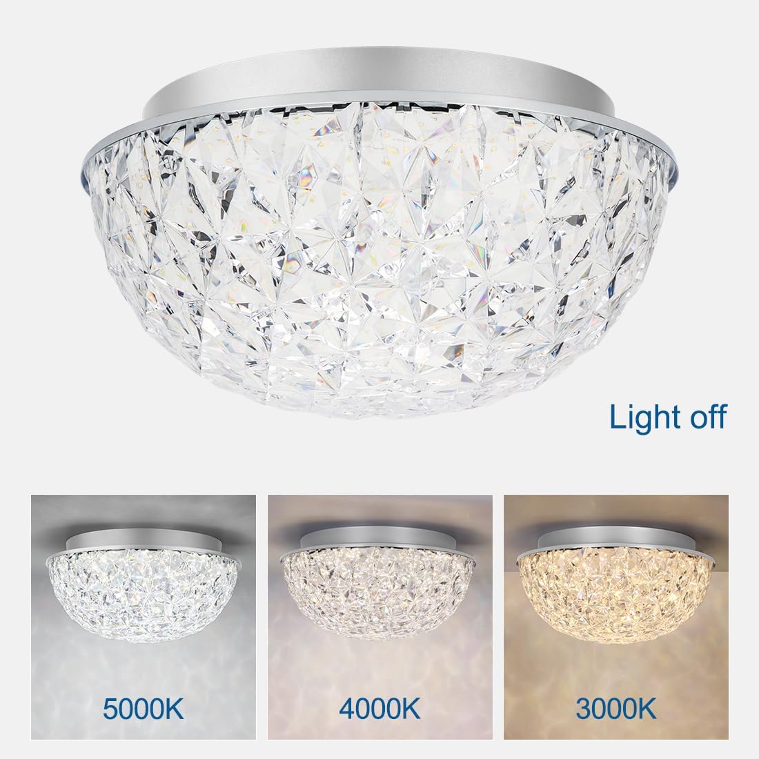 12in LED Crystal Chandelier Flush Mount, 3000K/4000K/5000K 3CCT