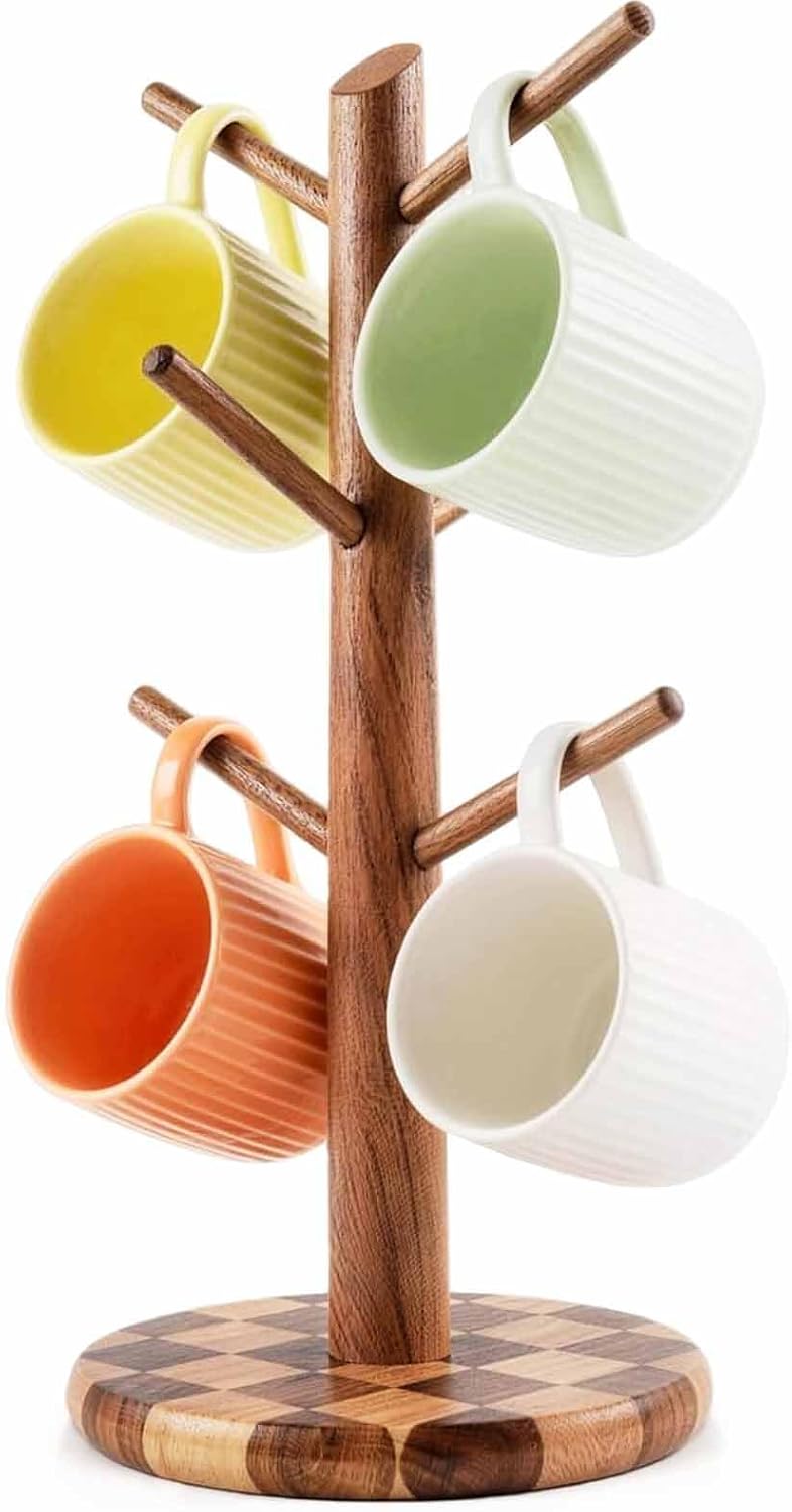 Natural Wood Mug Holder for Counter Top, Acacia Wood Coffee Mug Tree