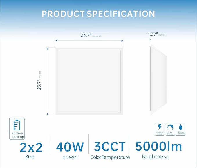 2X2 LED Flat Panel Light Emergency Battery Backup, 40W-3000K/4000K/5000K (16 ...