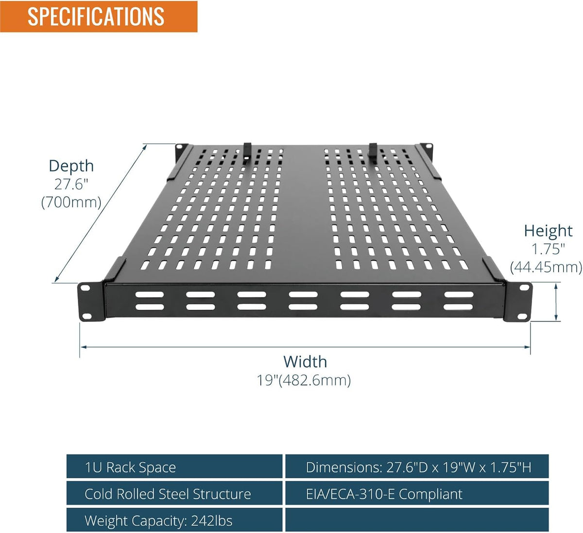 Tecmojo 1U 4-Post Vented Server Rack Mount Shelf,27.6in Deep with Adjustable ...