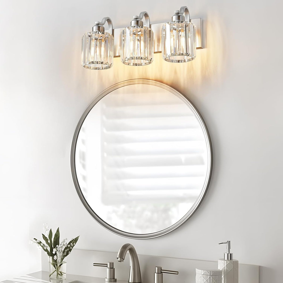 Modern Vanity Light 3-Lights Brushed Nickel Vanity Light Crystal Bathroom Wal...