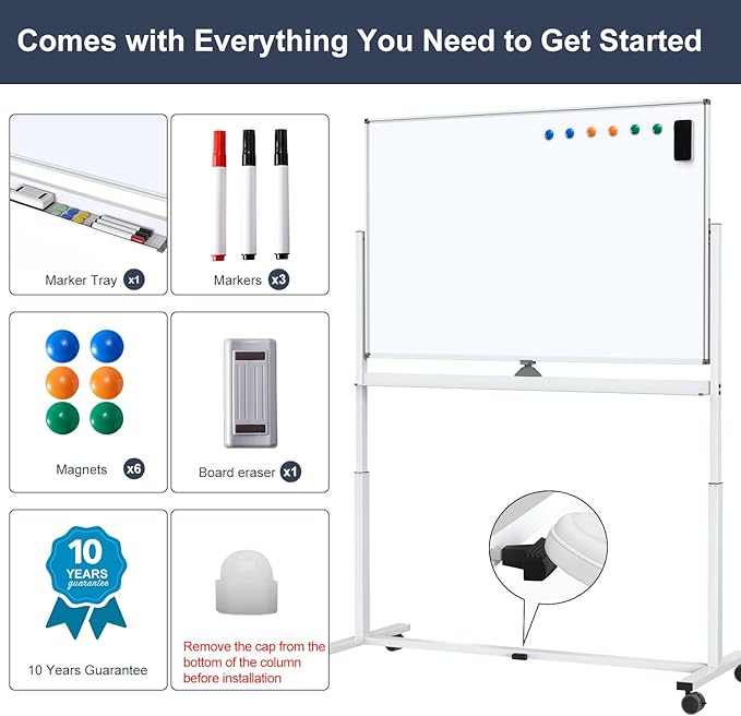 White Board on Wheels, 48 x 32 Inches Height-Adjustable Large Rolling Whiteboard