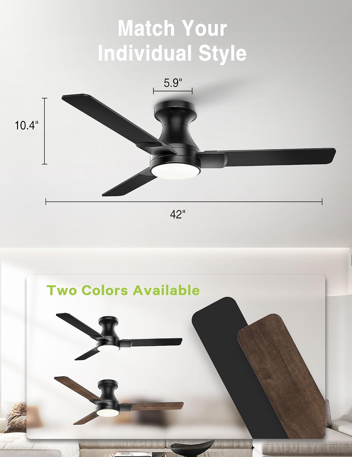 DAMINY 42 Inch Black Ceiling Fans with Lights and Remote