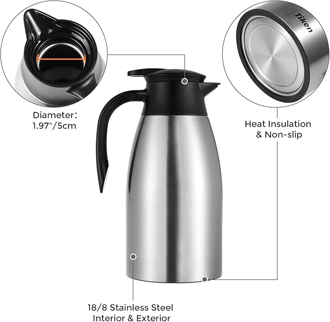 Tiken 68 Oz Thermal Coffee Carafe, Stainless Steel Insulated Vacuum Coffee