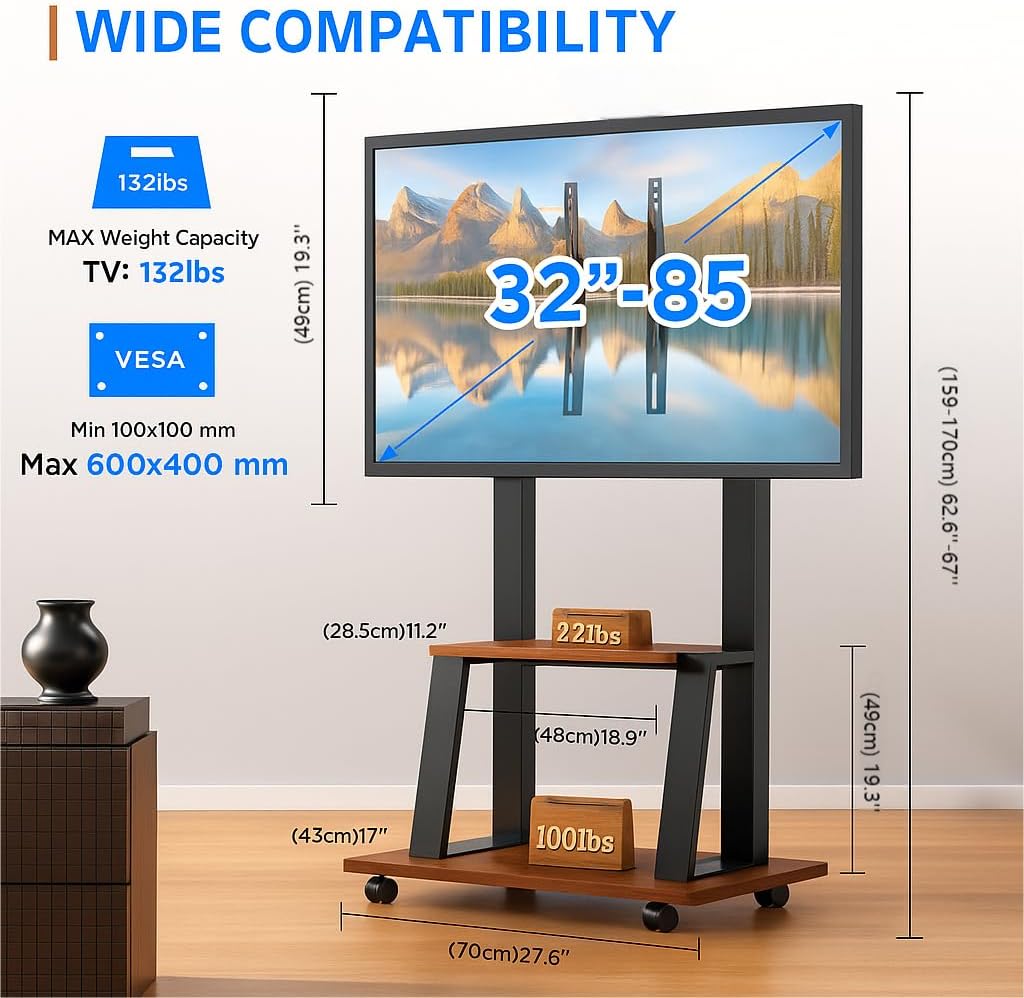 Rolling TV Stand for 32-80 Inch TVs, TV Cart with Power Outlet