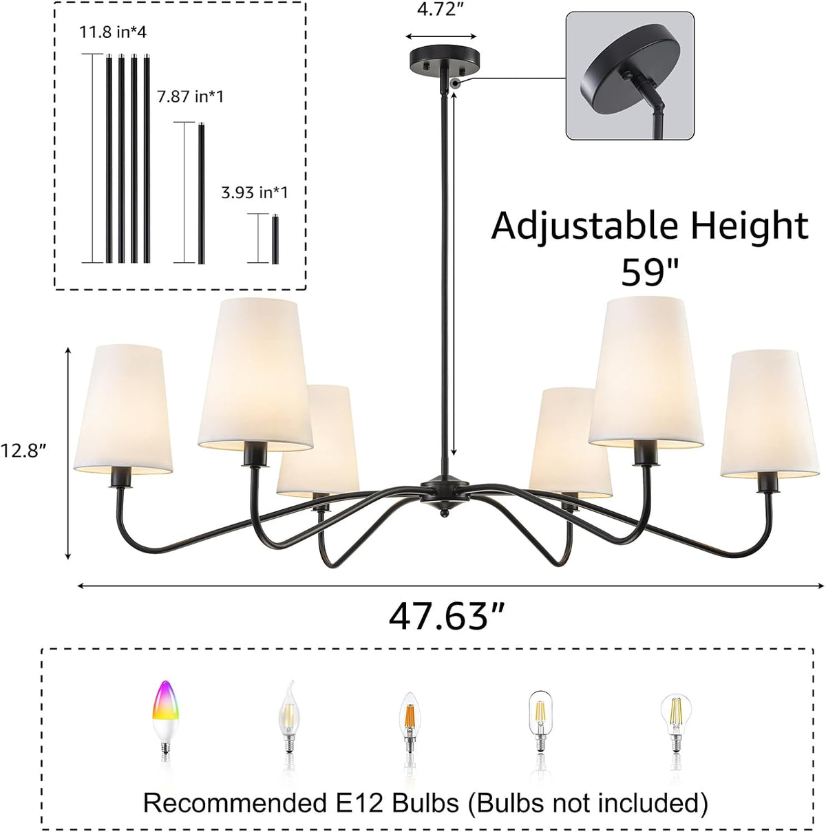47'' Oversized Farmhouse Chandelier with Shades, 6-Light Large Chande...